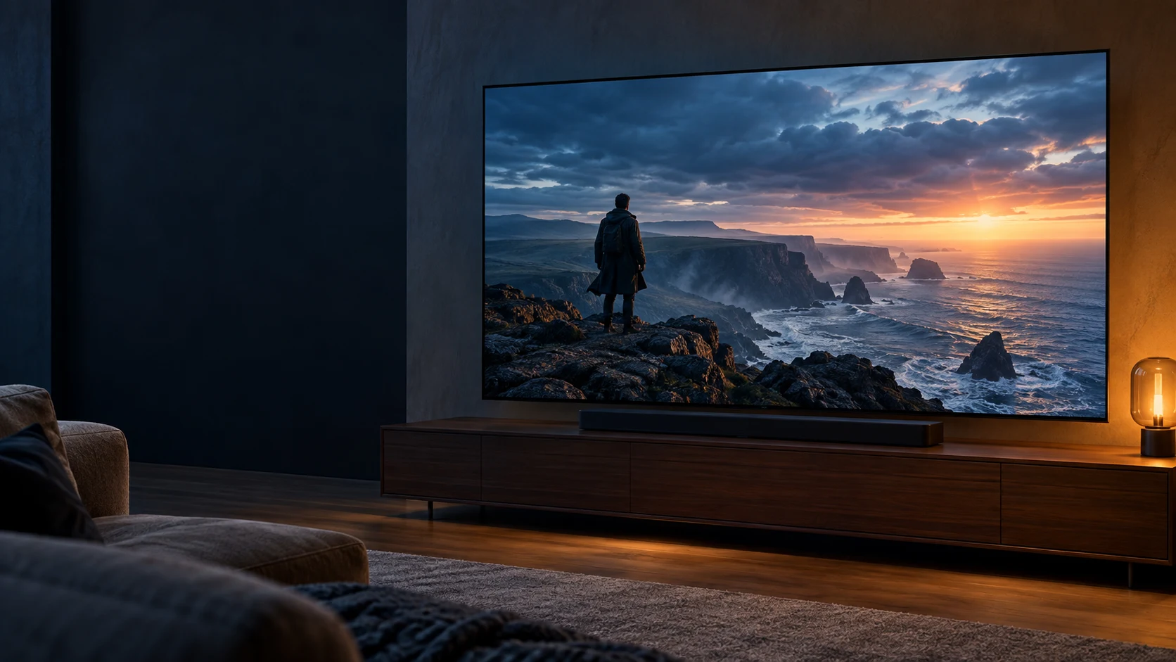 A cinematic coastal scene on a large living-room television