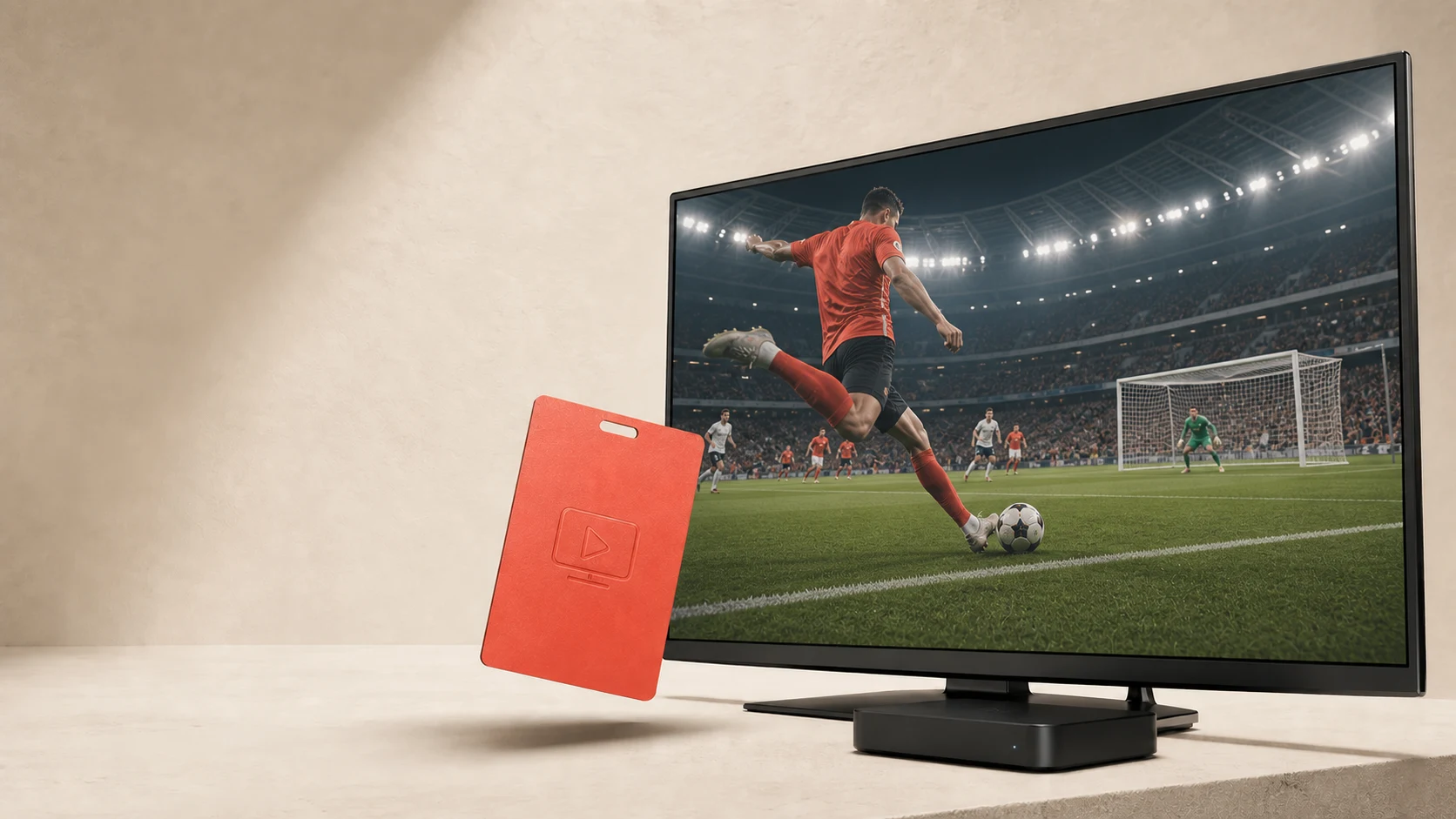 Football playing on a television in a warm, neutral room