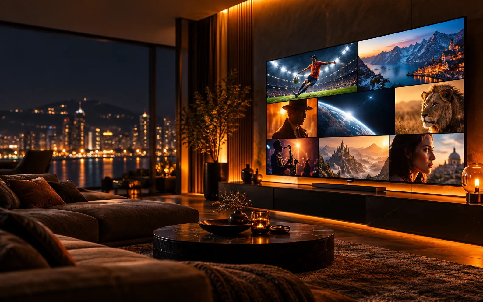 A television displaying a range of sports, films and international entertainment in a warmly lit living room